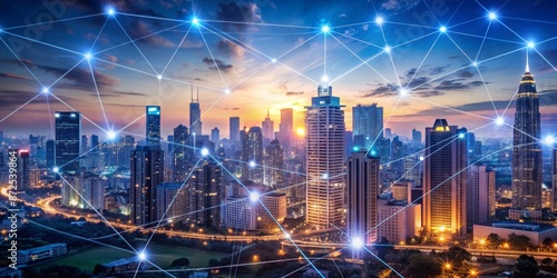 Wallpaper Mural Cityscape with Network Connections at Sunset - Urban Technology Concept Torontodigital.ca