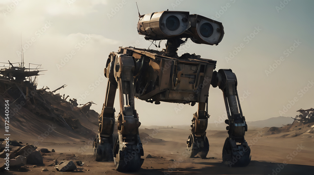 a robot that is standing in the dirt a robot that is standing in the dirt