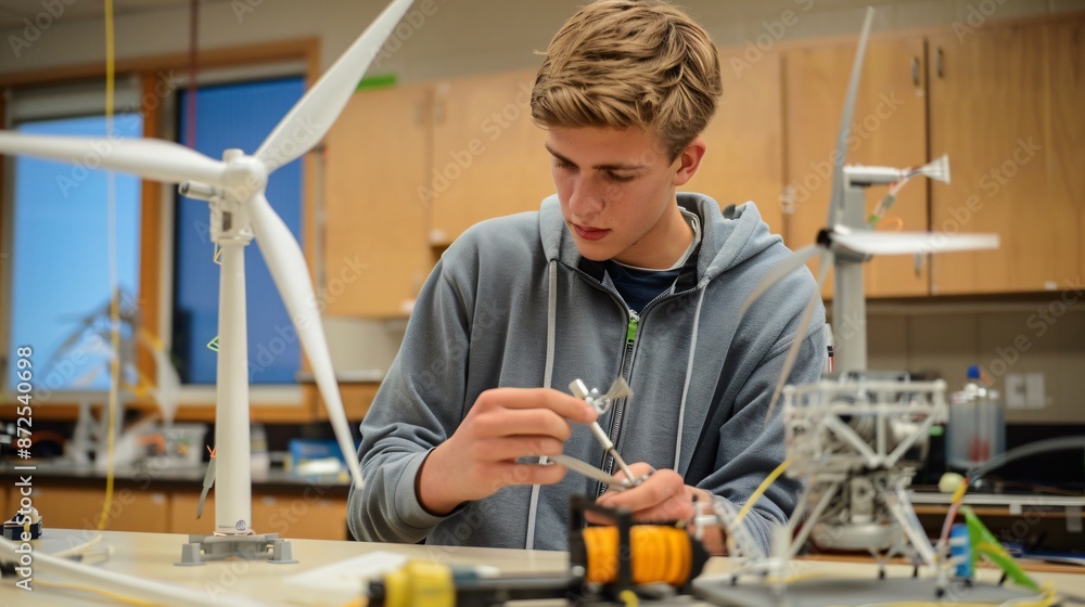 Windmill Student Cod Male student working on a wind energy project, assembling model wind ...