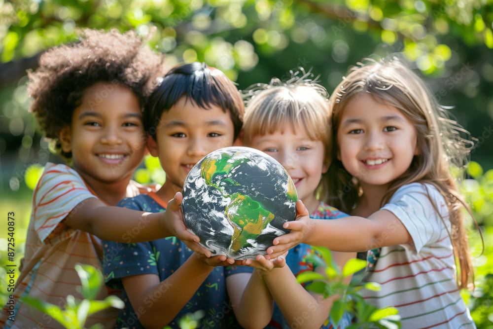 Multiracial children holding globe on spring background. Earth day concept Multiracial children holding globe on spring background. Earth day concept