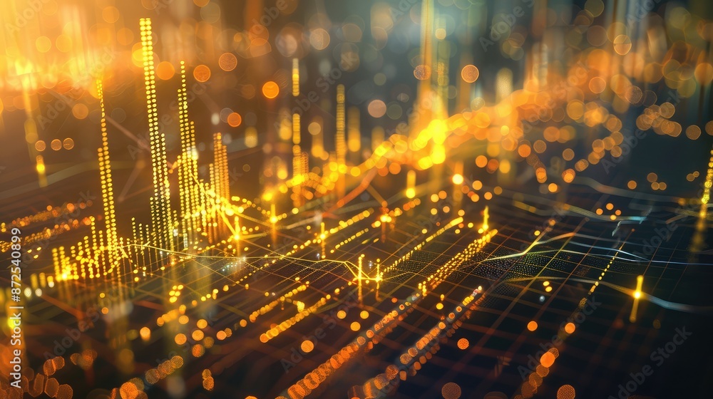Naklejka premium stock market graph intertwined with gold lines and symbols, showcasing the blend of stocks and gold investments.