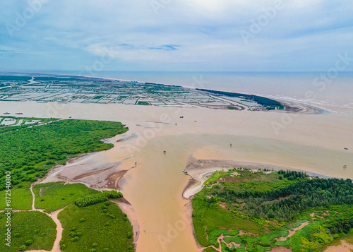 Aerial view of sea mouth near Xuan Thuy National park, Namdinh, Vietnam photo