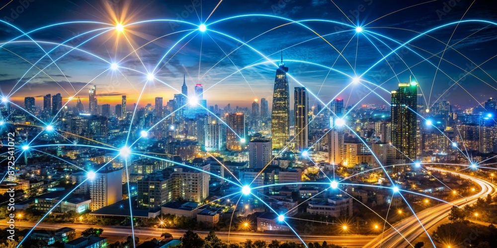 Connected Cityscape at Night with Network Lines Connected Cityscape at Night with Network Lines