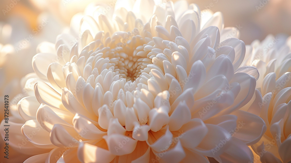 A close-up of a white chrysanthemum, its delicate petals forming a dense, round bloom. The intricate layers of the flower are highlighted by the sunlight. A close-up of a white chrysanthemum, its delicate petals forming a dense, round bloom. The intricate layers of the flower are highlighted by the sunlight.
