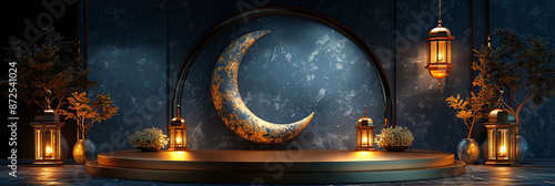 Wallpaper Mural Luxurious Ramadan Kareem Banner with Ornate Golden Crescent Moon and Lanterns on a Dark Blue Background for a Majestic Islamic Celebration Torontodigital.ca