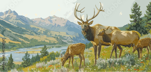 Majestic elk family in a picturesque mountain meadow with a river, capturing the essence of wildlife and natural beauty, ideal for rustic decor and nature-themed art.