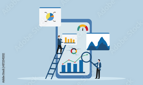 People analyse data online and prepare graph reports on a mobile. Finance report graph data analytics concepts. Flat vector illustration.