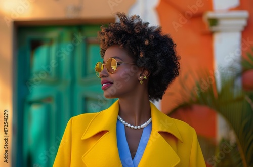 Woman Wearing Yellow Coat and Sunglasses in Urban Setting