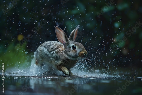 a rabbit runs in the water during heavy rain © Julaini