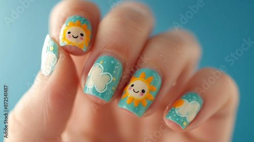 Cute Summer Nails Design with Sun and Clouds