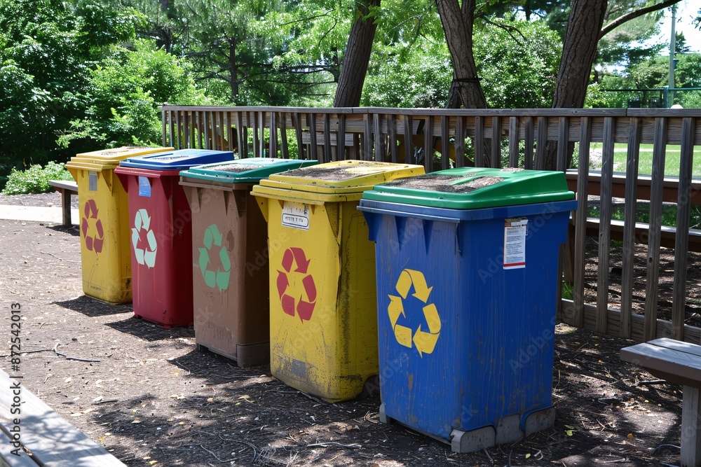 Recycling bins. Colorful trash cans in a row in the city. Recycling concept. Recycling bins. Colorful trash cans in a row in the city. Recycling concept.