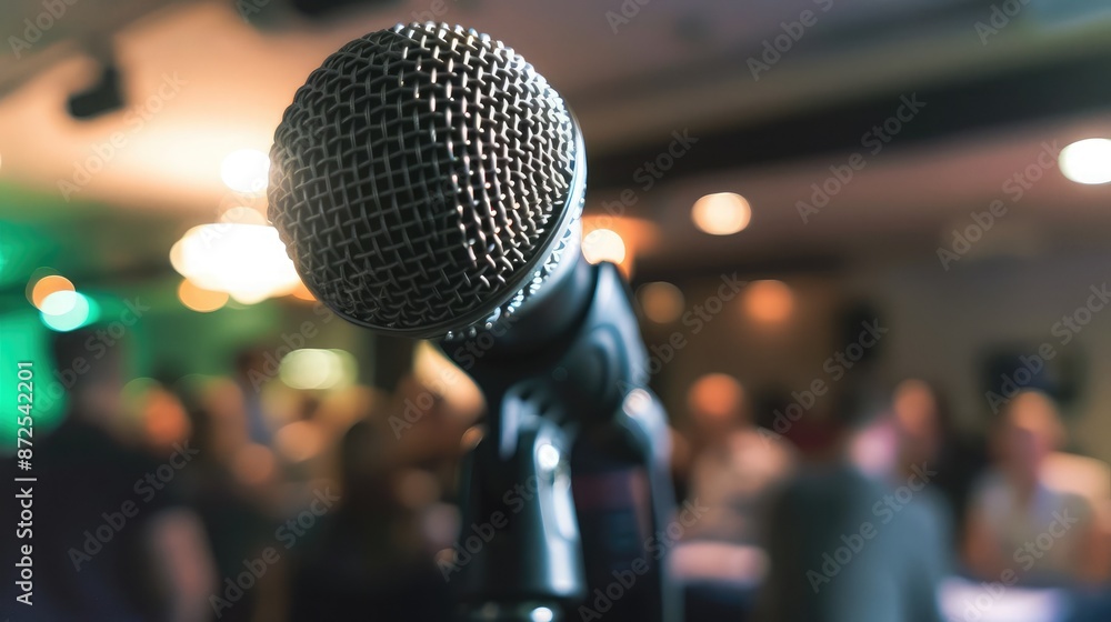 Close-up of a microphone with a blurred background of people attending a business seminar Close-up of a microphone with a blurred background of people attending a business seminar