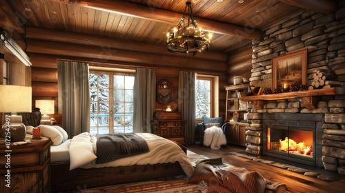 Cozy log cabin bedroom with a fireplace, bed, and rustic decor
