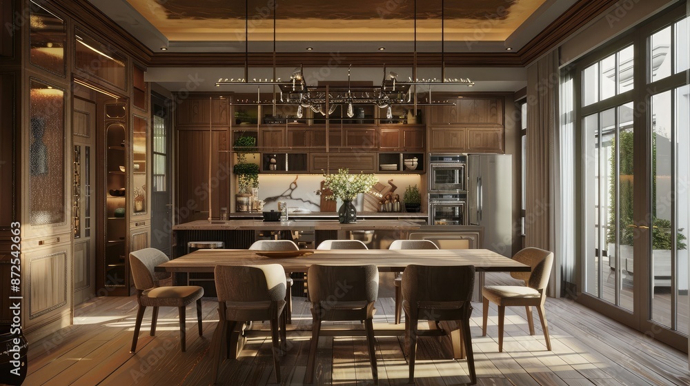 Dining room with a large wooden table, matching chairs, and a chandelier Dining room with a large wooden table, matching chairs, and a chandelier