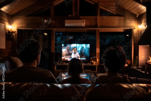 Family watching a movie together in a cozy wooden cabin living room at night with ambient lighting and comfortable seating.