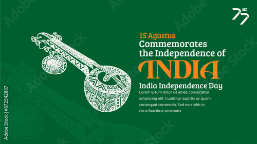 India Independence Day Banner. Hand-Drawn Saraswati veena with Trendy Stamp. 15th Agustus Celebration