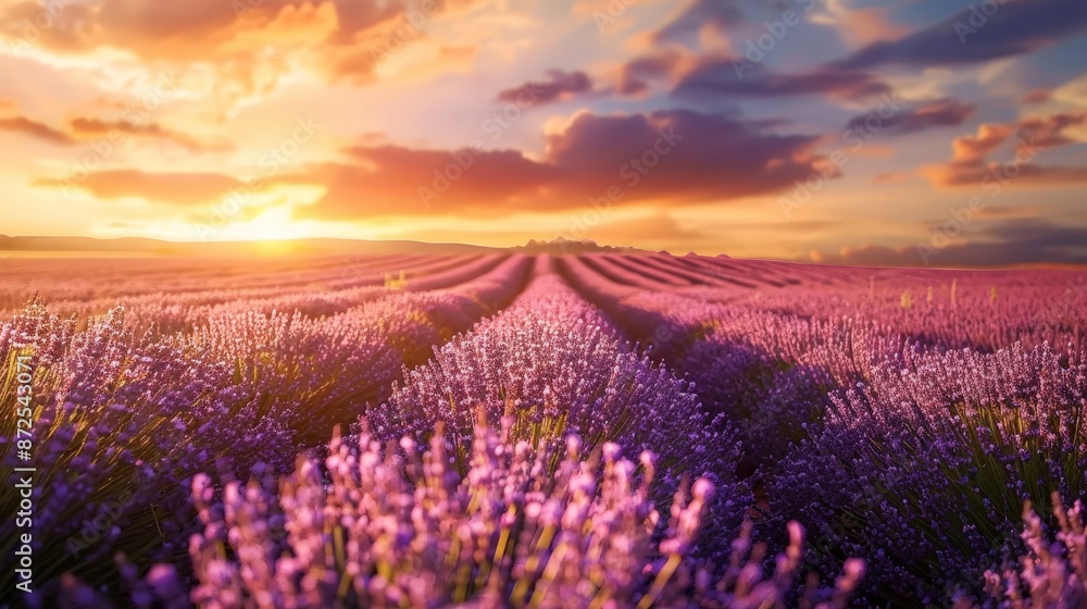 Obraz premium Capture the peaceful beauty of a lavender field at sunset, with rows of blooming lavender stretching into the distance and a warm, golden sky overhead.
