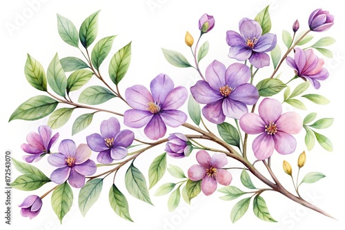 Delicate watercolor illustration of purple flowers blooming on a slender branch, showcasing soft petals and gentle leaves in a whimsical botanical artwork.