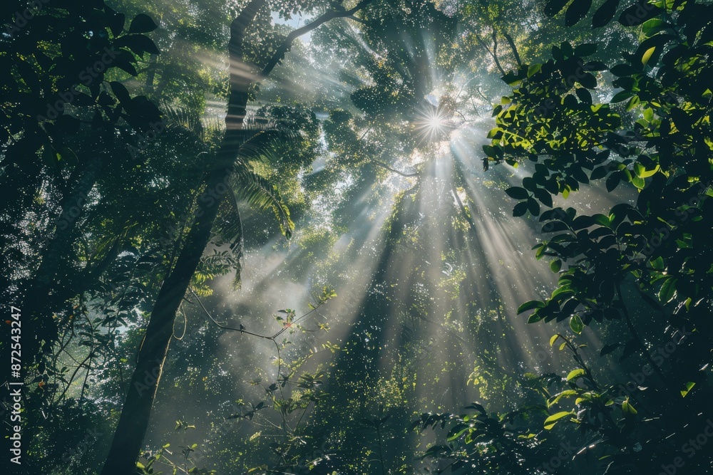 Obraz premium Sunlight Breaking Through Dense Rainforest Canopy