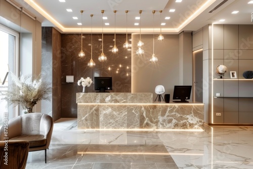 Modern Marble Reception Area with Golden Chandeliers