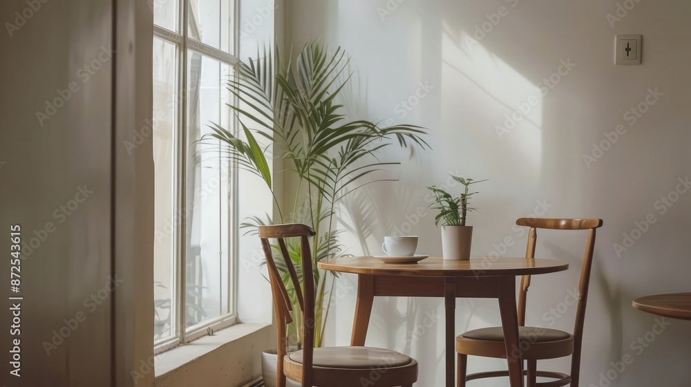 Minimalist dining area with a small table and two chairs, potted plant in the corner Minimalist dining area with a small table and two chairs, potted plant in the corner