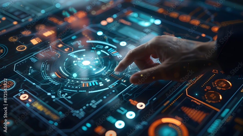 A hand interacts with a futuristic, glowing interface. The technology is advanced and sleek. The image evokes ideas of innovation and progress. A hand interacts with a futuristic, glowing interface. The technology is advanced and sleek. The image evokes ideas of innovation and progress.