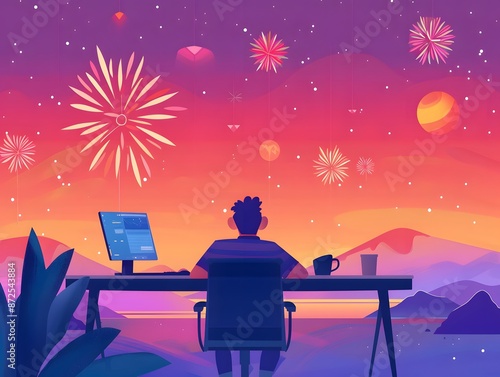 A man sits at his desk working while fireworks explode in the sky behind him.  The colorful display suggests celebration and achievement. photo