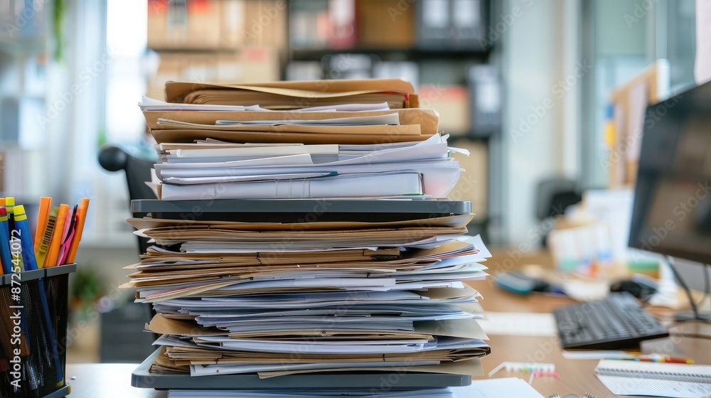 Overloaded inbox tray with stacks of paperwork in an administrative office Overloaded inbox tray with stacks of paperwork in an administrative office