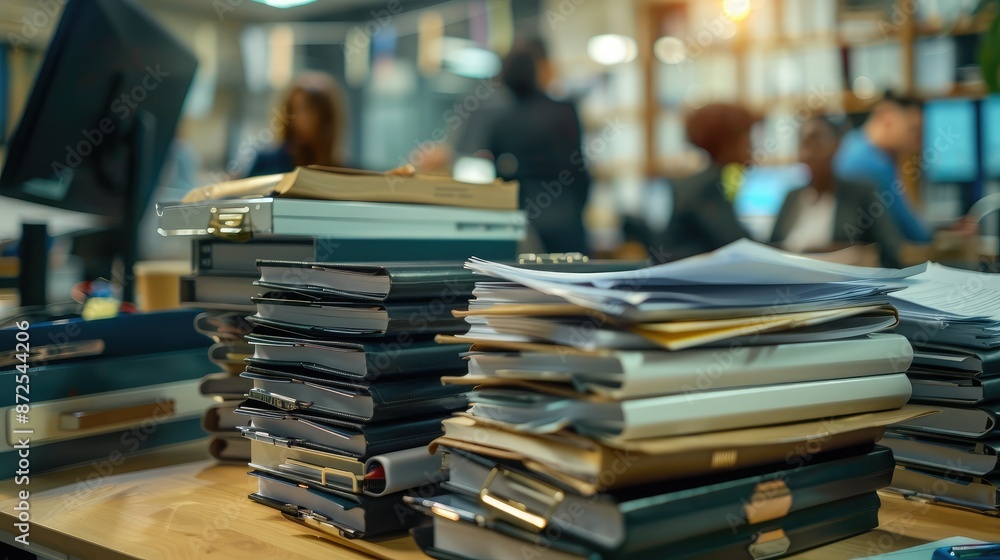 Pile of folders and binders on an office table, coworkers collaborating in the background Pile of folders and binders on an office table, coworkers collaborating in the background