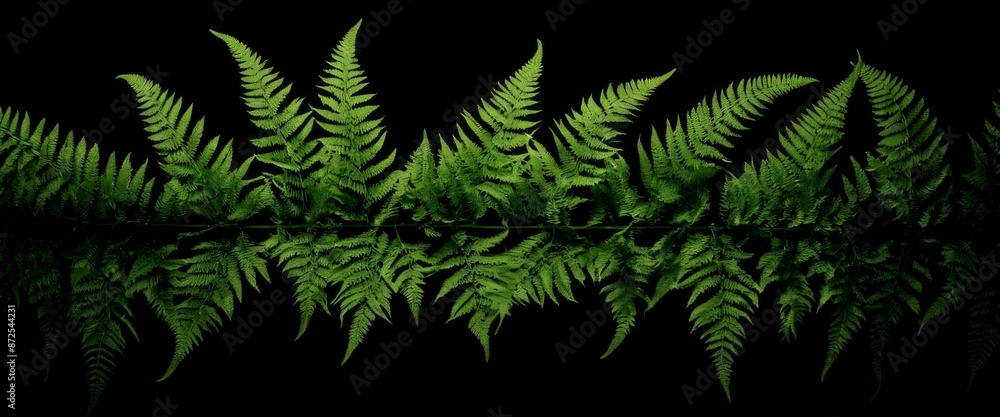 Fototapeta premium Green leaves Low key Fern fronds black backdrop abstract pattern