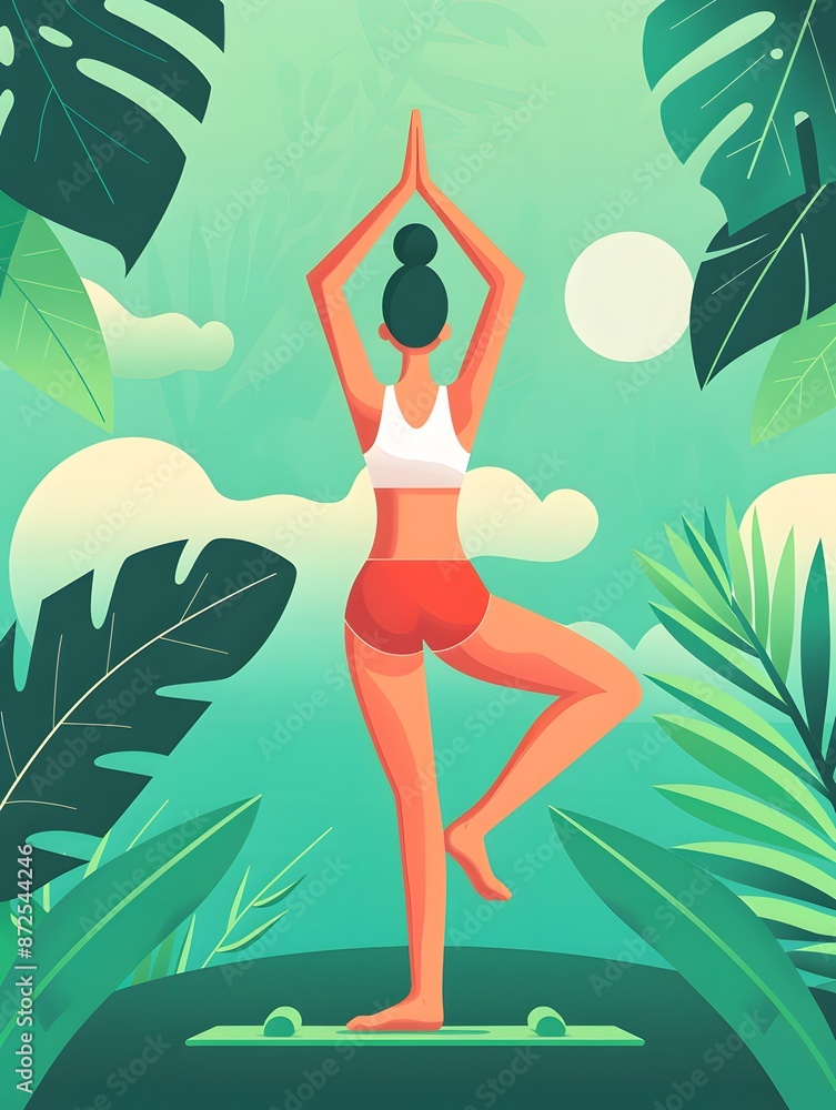 A woman in a yoga pose, surrounded by lush tropical foliage, practicing mindfulness and connecting with nature. A woman in a yoga pose, surrounded by lush tropical foliage, practicing mindfulness and connecting with nature.