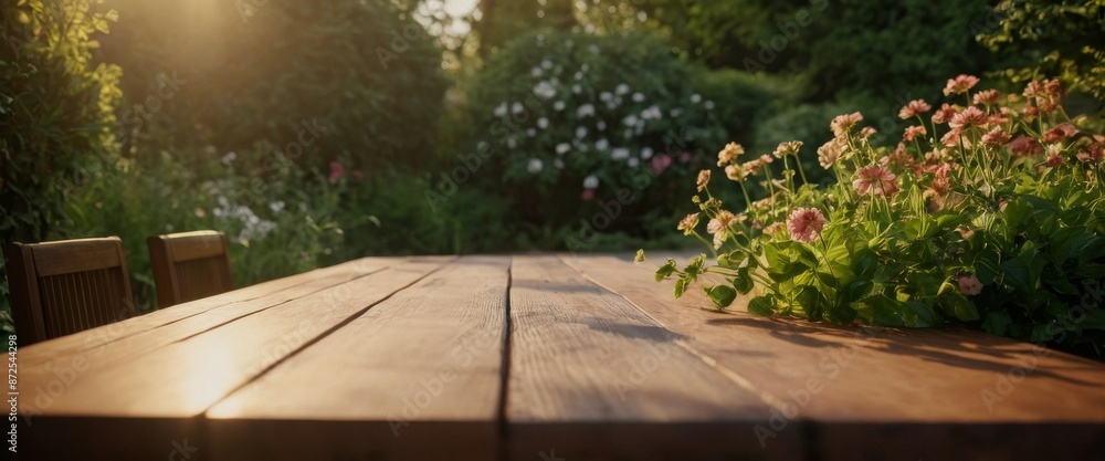 wooden table top Golden hour sunlight bathes peaceful garden sce wooden table top Golden hour sunlight bathes peaceful garden sce