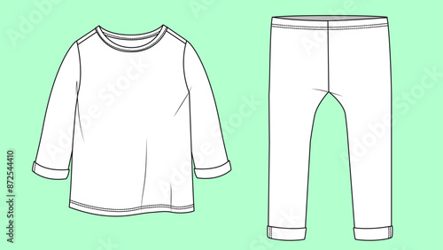 Girls crew neck long sleeve tee leggings fashion illustration flat sketch vector.  