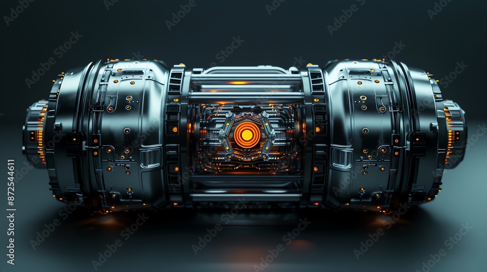 Futuristic sci-fi machine core with glowing orange center, high-tech mechanical equipment, isolated on a dark background. Futuristic sci-fi machine core with glowing orange center, high-tech mechanical equipment, isolated on a dark background.