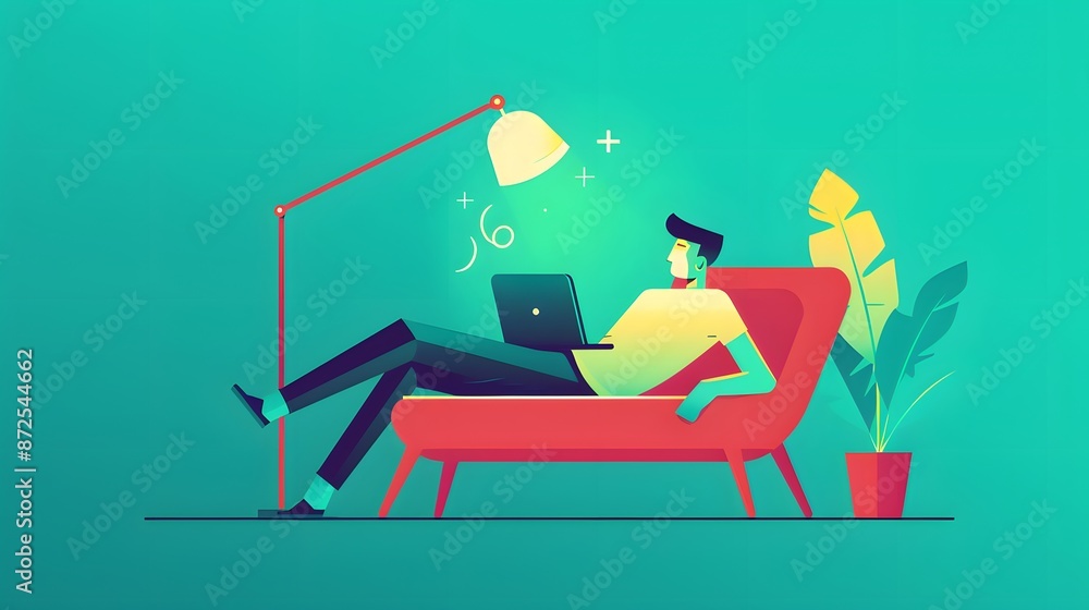 Man relaxing on a couch with a laptop, working from home. A lamp and plant are nearby. The background is a soft teal green. Man relaxing on a couch with a laptop, working from home. A lamp and plant are nearby. The background is a soft teal green.