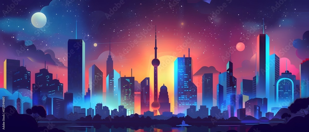 Neon cityscape with a glowing moon and starry night sky. Neon cityscape with a glowing moon and starry night sky.