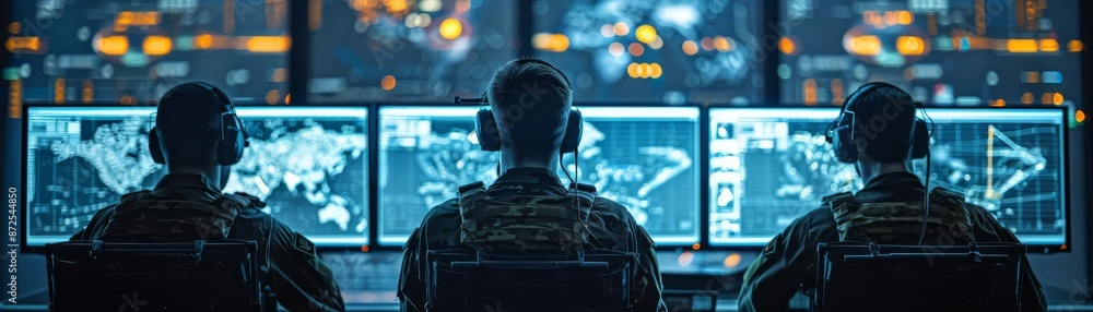 Military personnel monitoring operations in a high tech command center ...