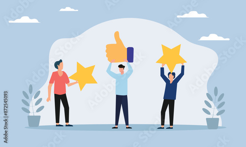 People giving  star and like feedback and choosing satisfaction rating. people holding big stars and like thumb. Customer review rating and feedback concept. Flat vector illustration.
