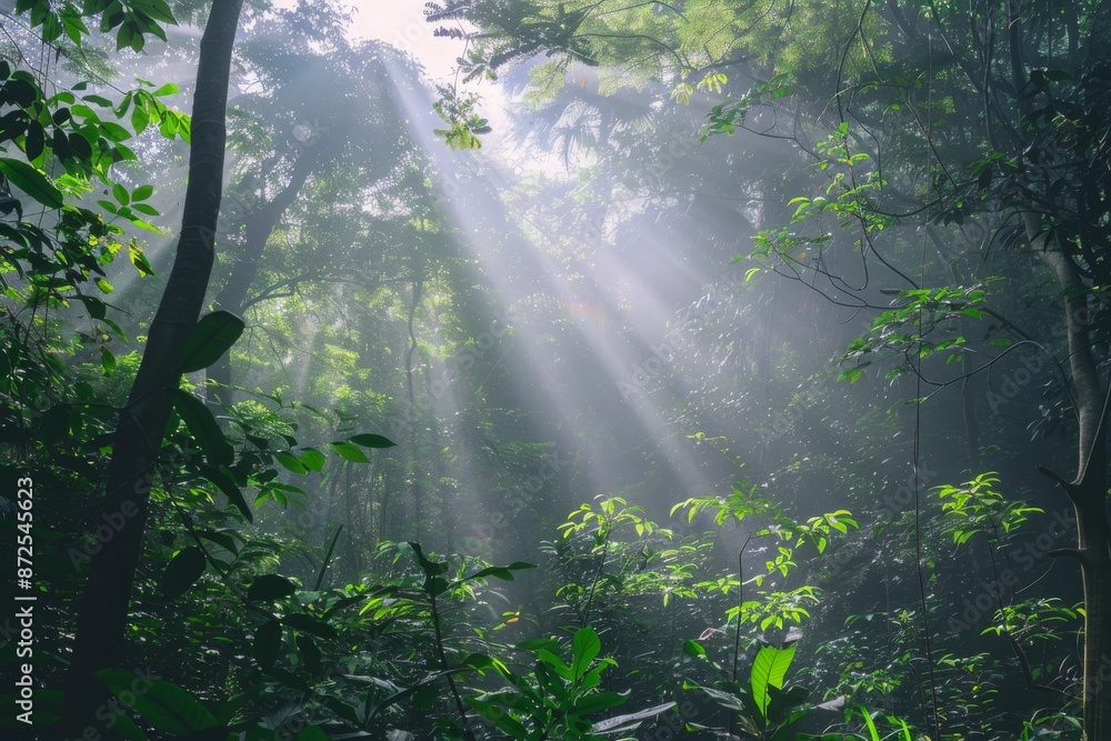 Obraz premium Sun Rays Breaking Through a Dense Forest