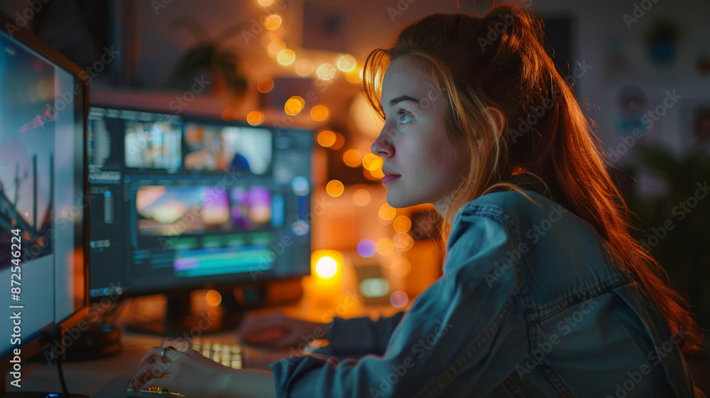 Female Video Editor in Bright Home Office Female Video Editor in Bright Home Office