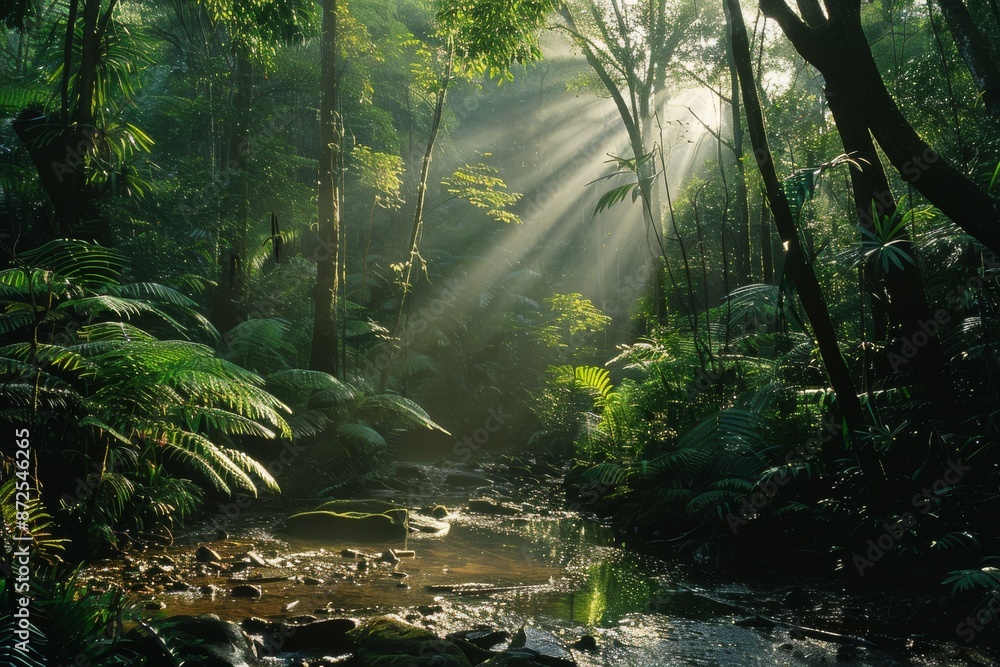 Obraz premium Sunbeams Through The Rainforest