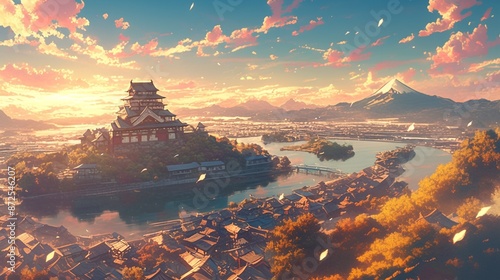 日本の城の風景、夕日9