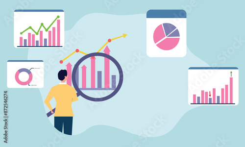 People analyse data and prepare graph reports. Finance report graph data analytics concepts. Flat vector illustration.