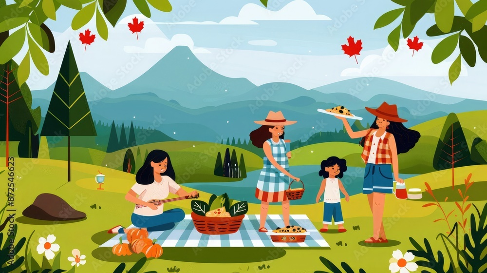 Naklejka premium Family enjoying a picnic in a scenic mountain park. Lush greenery, blue skies, and playful activities create a cheerful outdoor scene.