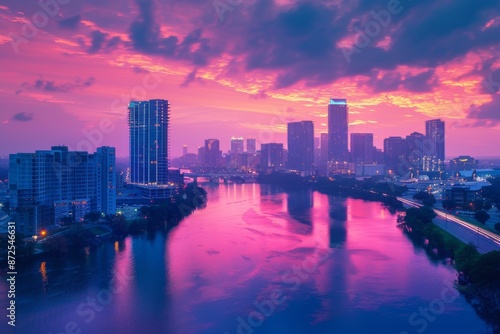 Pink Sunset Over City Skyline with River © Amni