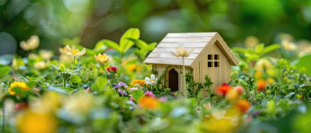 Naklejka premium Green living concept: miniature model of a wooden house surrounded by flowers, symbolizing green living and sustainable architecture