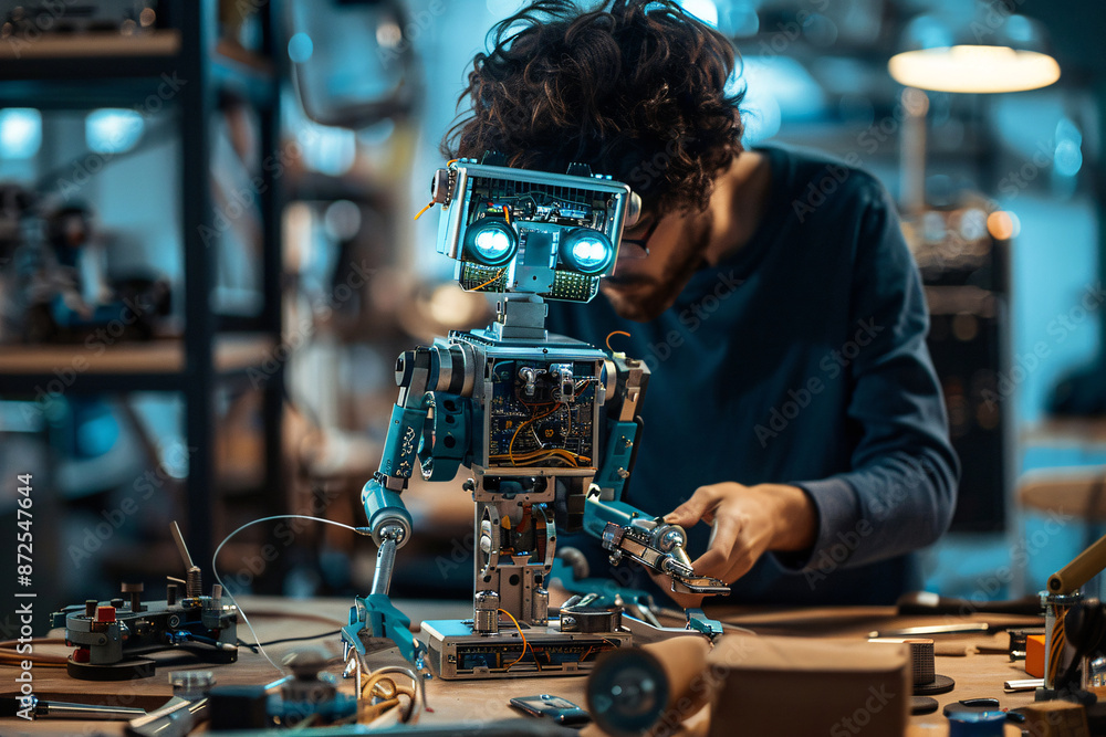 © pics3 - Enthusiast assembling a robot from reused components, blending technology