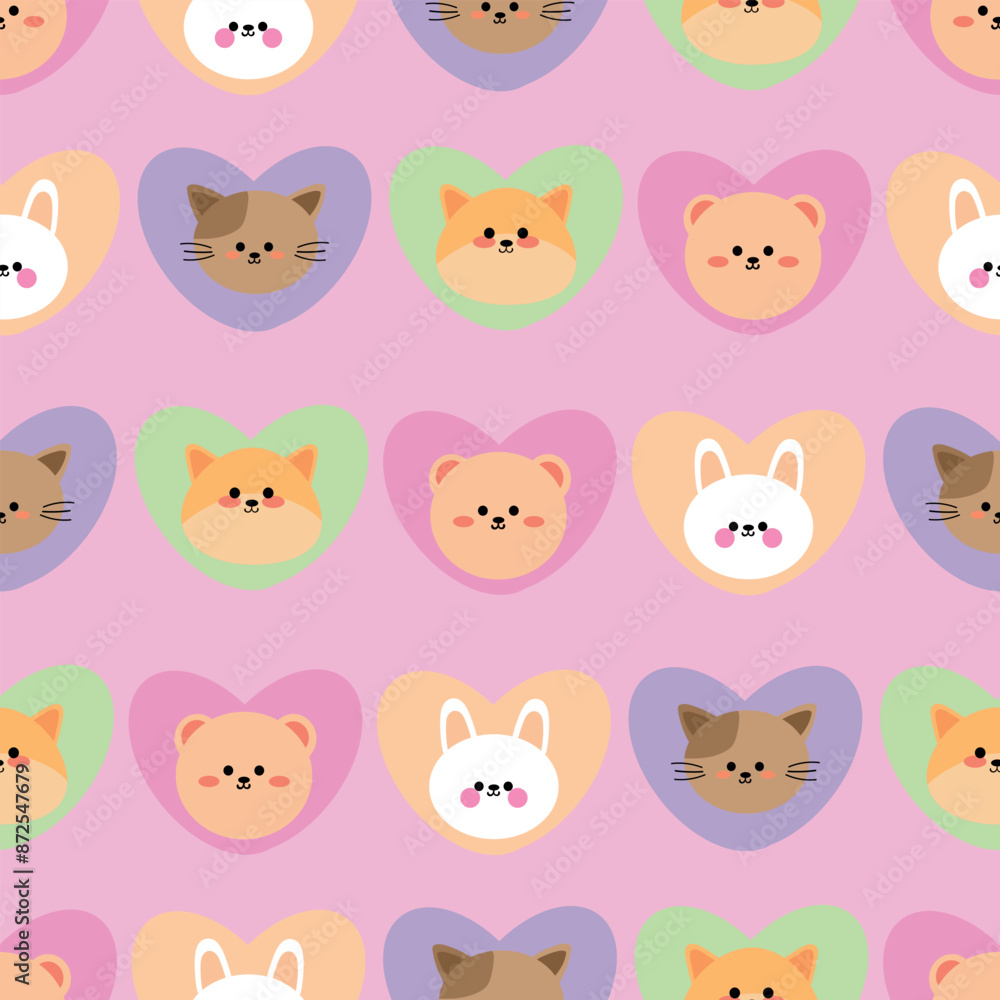 Obraz premium Seamless pattern with cute cartoon animal heads, for fabric prints, textiles, gift wrapping paper. children's colorful vector, flat style