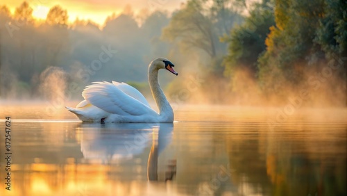 Fototapeta Naklejka Na Ścianę i Meble -  Elegant Swan on Calm Lake at Sunrise with Fog