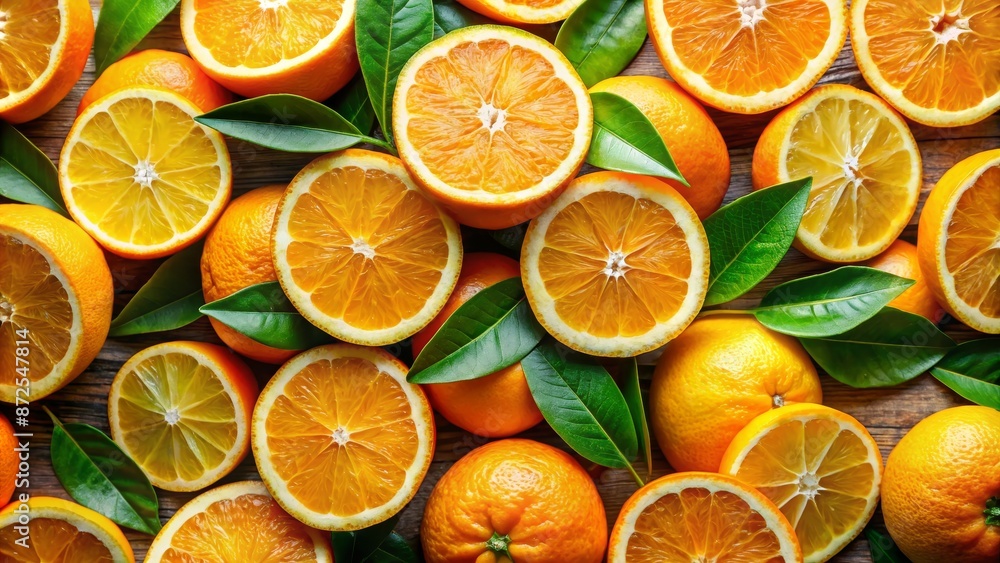 Fresh Oranges and Leaves on Wooden Background Fresh Oranges and Leaves on Wooden Background